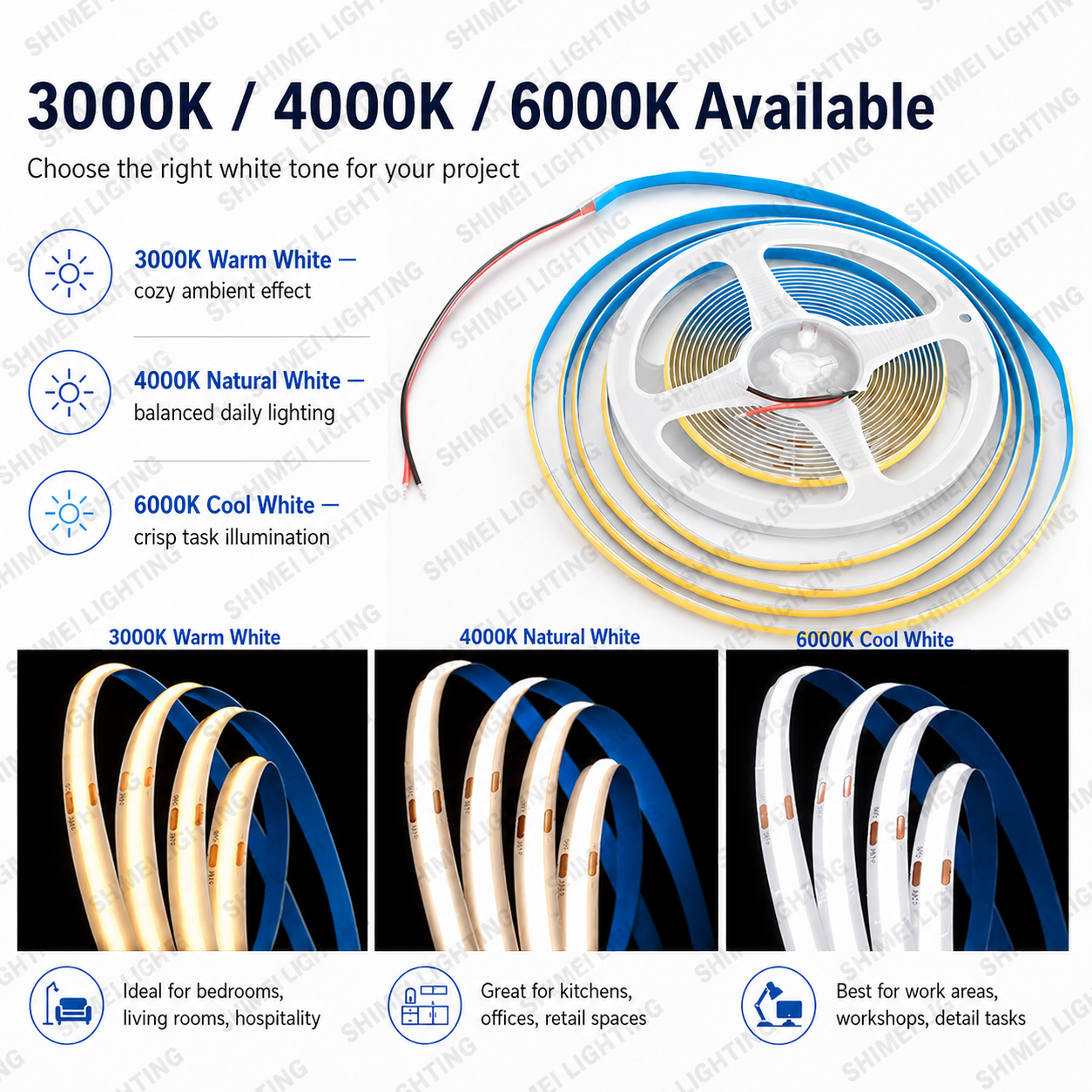 320LEDs/m COB LED Strip Light IP20 Indoor Flexible Dotless LED Tape 3000K 4000K 6500K for Home Cabinet Lighting