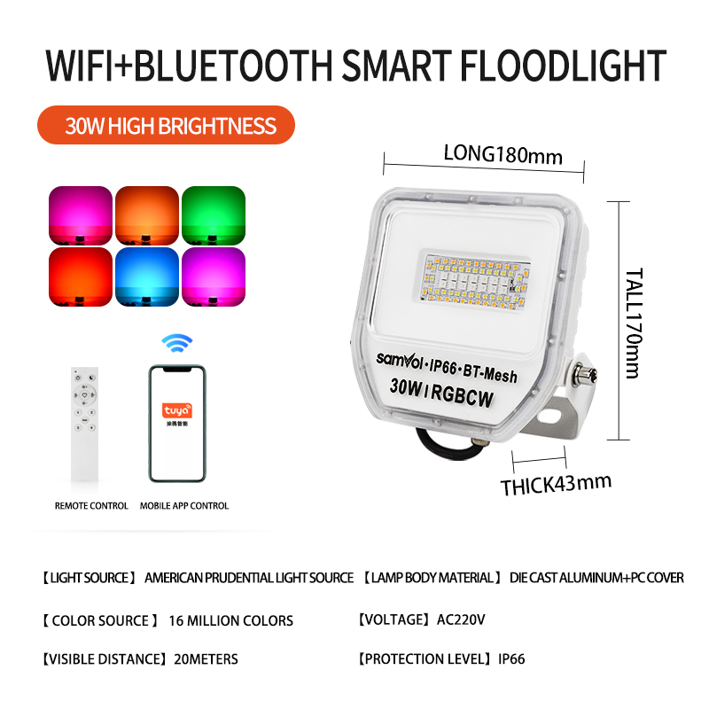 30W 50W Smart RGB LED Flood Light IP66 Waterproof Color Changing Outdoor Landscape Spotlight 16 Million Colors Remote Control