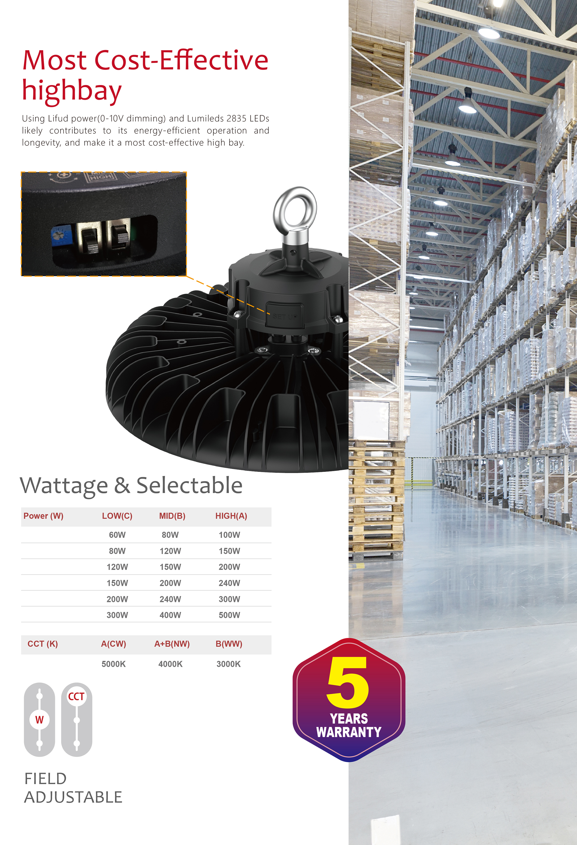 LED High Bay Light 300W 160LM/W Industrial Light 300-240-200W Ajustable UL/CE / CB / ENEC / SAA / RoHS / ErP