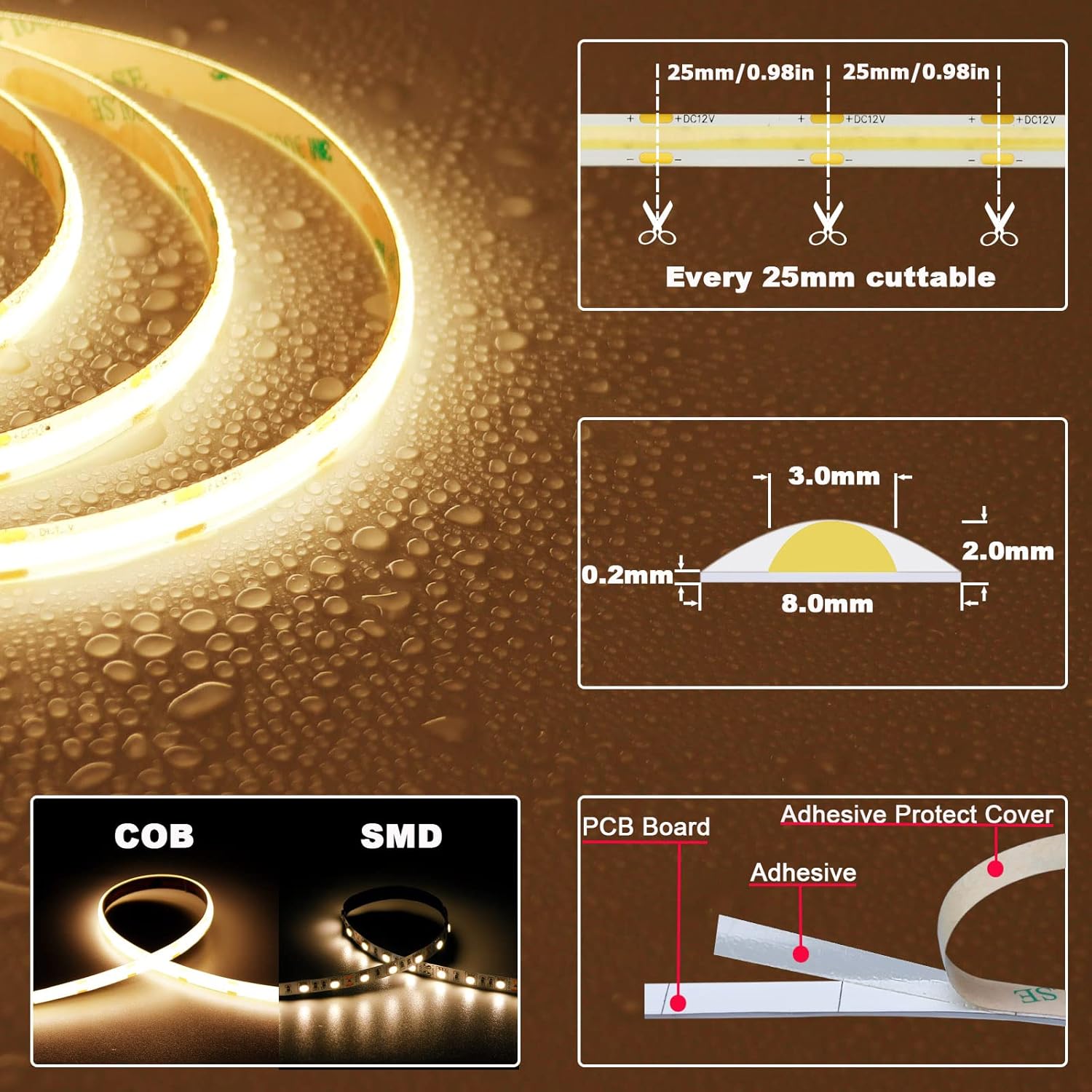 RGBcct Cob Led Strip 320 Set Addressable Running Water Flow,free Cutled Lights, App Control 12V 24V