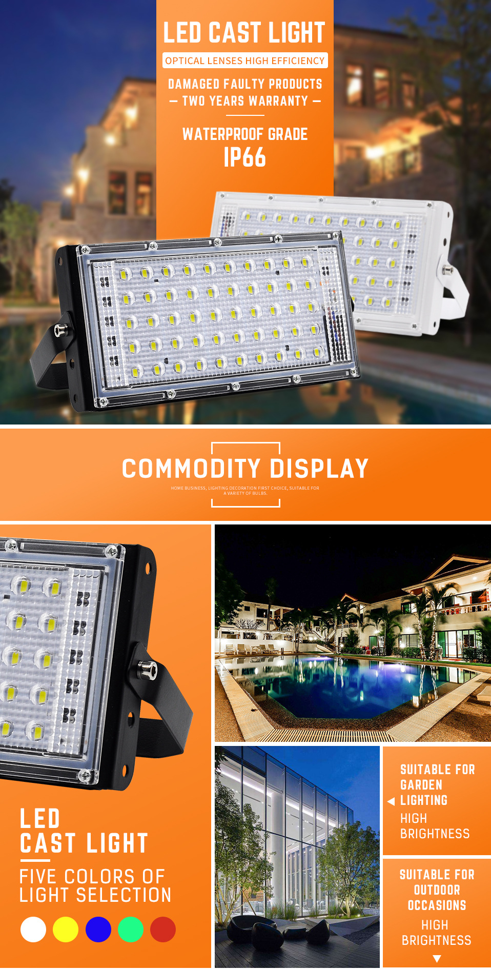 New Waterproof IP65 Outdoor Green Blue Red Led Flood Lights 50w Floodlight