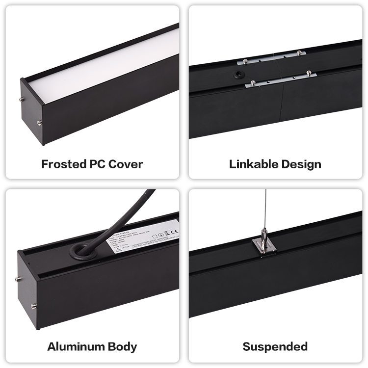 Black Indystrial Suspended Linear Lamp 40W 80w 4ft 8ft 3000k 4000k 6000k Aluminum LED Linear Pendant Down Lights