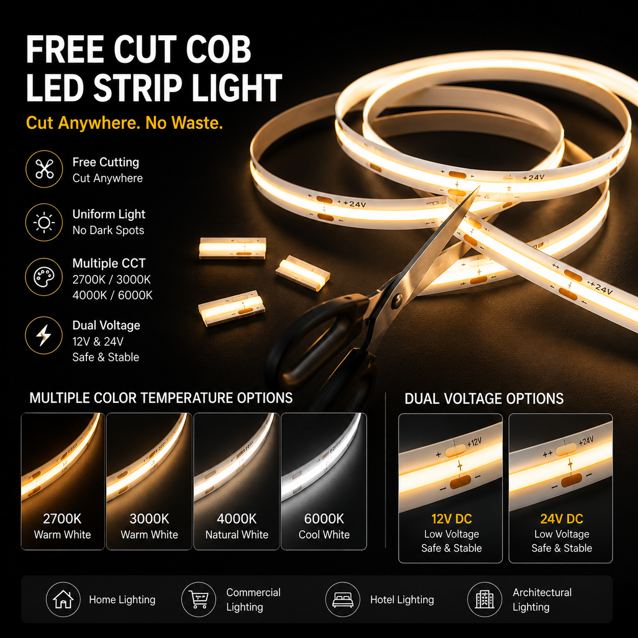 Free Cut COB LED Strip Light 24V 5mm 528LEDs/m High Density CRI90 Flexible Slim Tape for Cabinet Linear Lighting | OEM CE RoHS