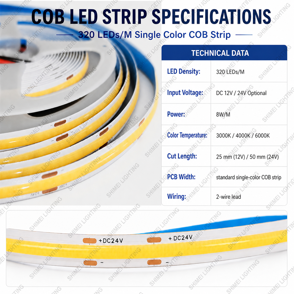 320LEDs/m COB LED Strip Light IP20 Indoor Flexible Dotless LED Tape 3000K 4000K 6500K for Home Cabinet Lighting