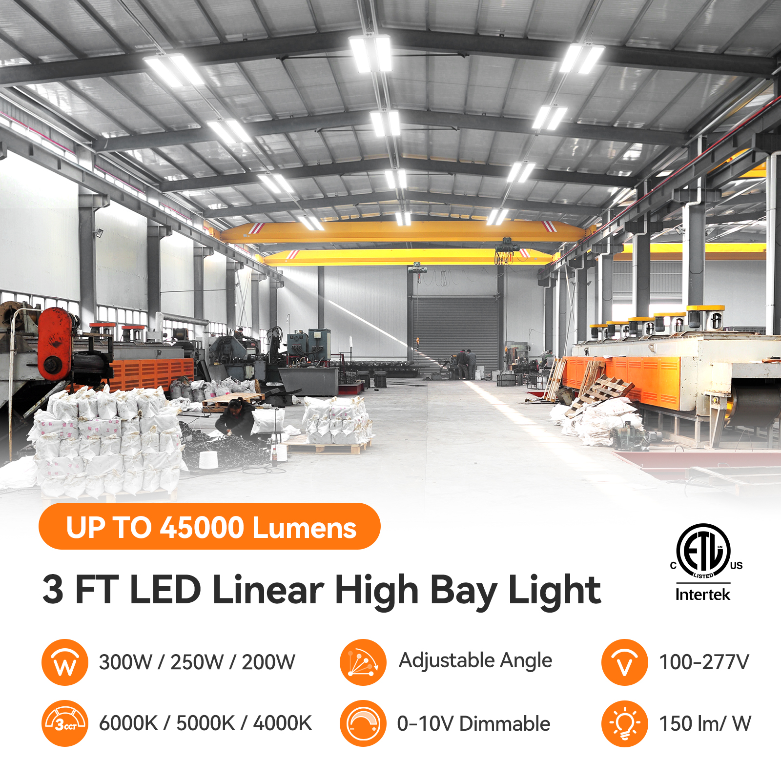 USA Stock 3Power 300W 250W 200W Linear High Bay 3CCT 4000K 5000K 6000K LED Light for Industrial Factory Warehouse Shop Lighting