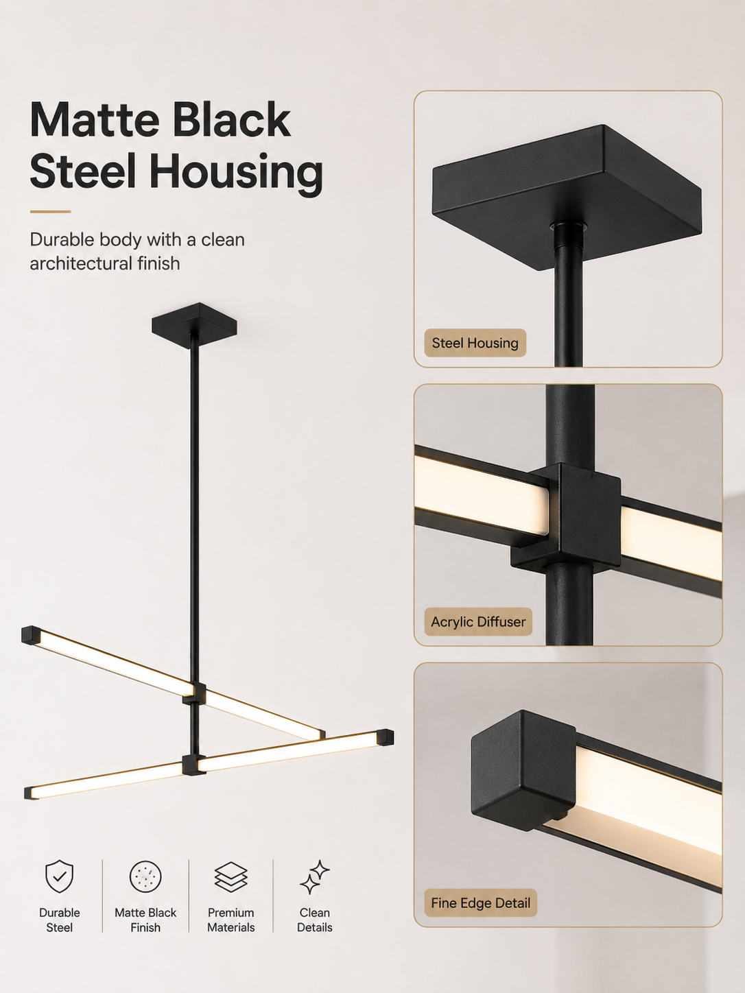ETL Listed Modern Square Mini Linear LED Pendant Light CRI90 Matte Black Plastic Housing Acrylic Diffuser Remote Control