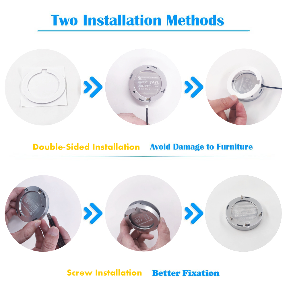 Adjustable Under Cabinet LED Puck Lights - CCT 3000K-6000K &amp; Dimmable, ETL Listed, for Kitchen &amp; Wardrobe