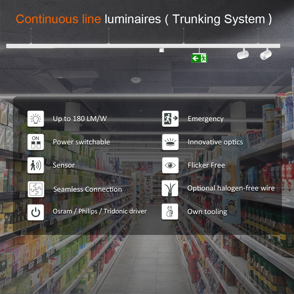 180 LM/W IP40 CCT-Switchable DALI Dimmable LED Workshop Retail Store Linear Lighting OEM Retrofit Solution Flexible Linear