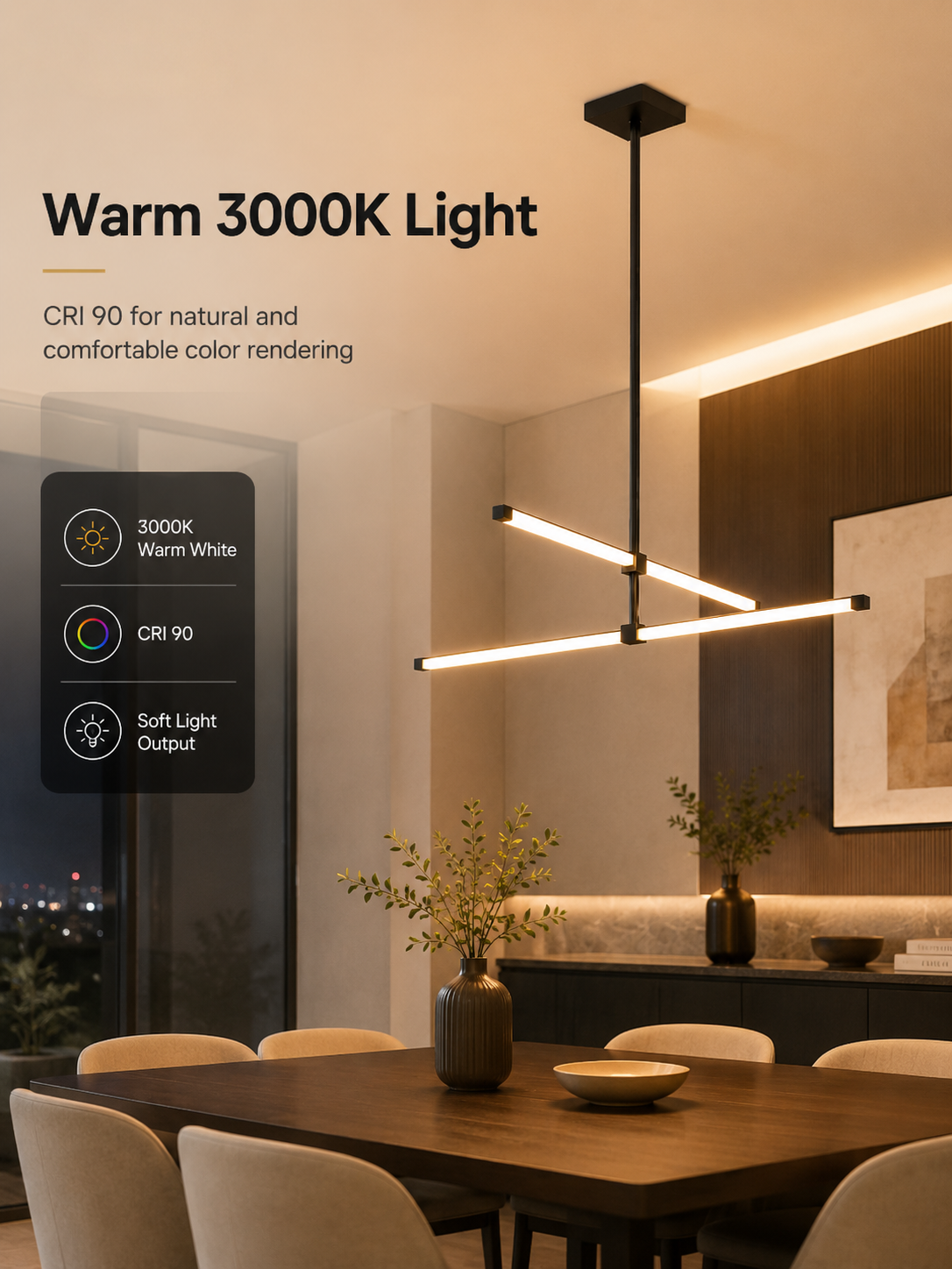 ETL Listed Modern Square Mini Linear LED Pendant Light CRI90 Matte Black Plastic Housing Acrylic Diffuser Remote Control