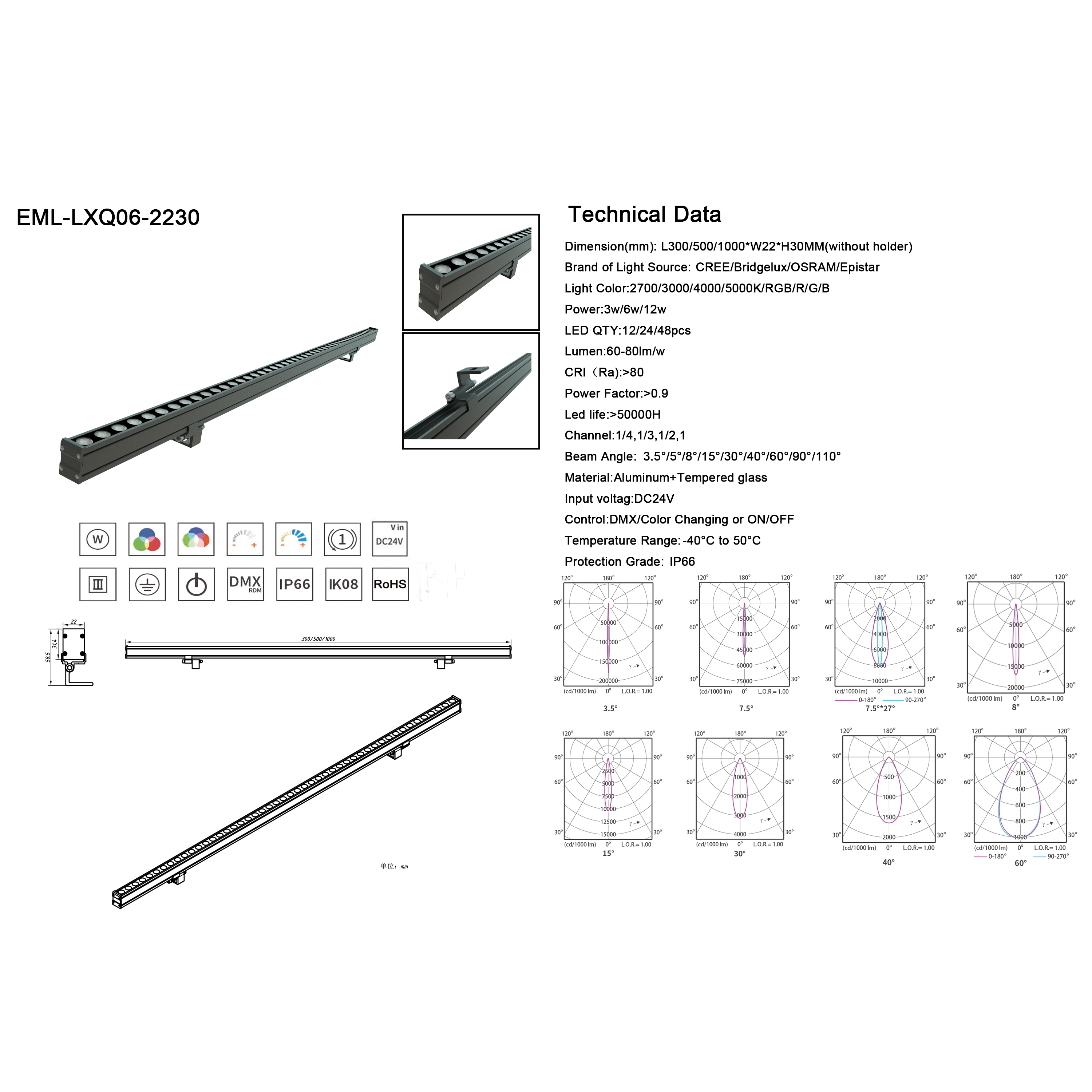 Outdoor Adjustable Mounting IP66 High Rise LED Linear Wall Washer Light 1500K-6500K Color Temp 1-Year Warranty for Architectural