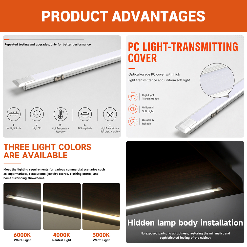 Recessed Liner Closet Lights Under Cabinet LED Strip Bar Lighting For Showcase Bookshelf Kitchen Shelves Light