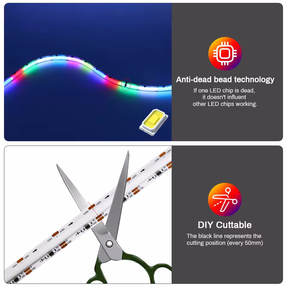Factory Addressable RGBIC Smart Strip Lights 576LEDs 16Pixels/m Dynamic SPI Indoor Outdoor Use 12V 24V COB LED Strip Smart Light