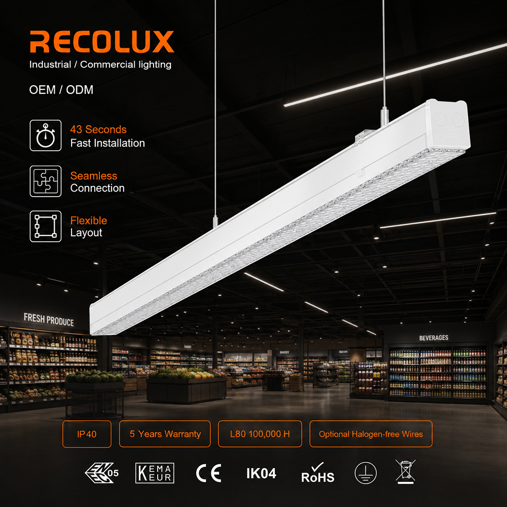 5ft 7ft Energy Efficient Continuous Run LED Linear Trunking System 180lm/W Power CCT Switchable Lighting For Supermarket