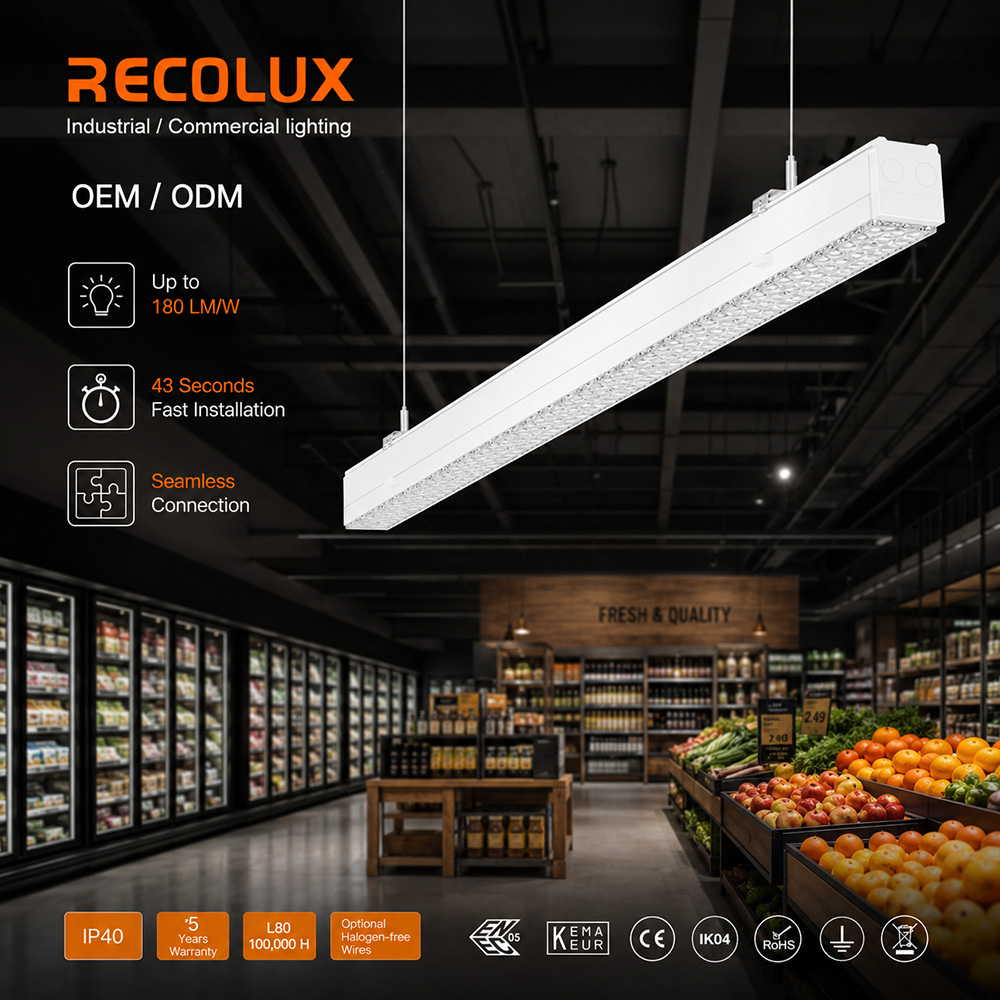 180 LM/W IP40 CCT-Switchable DALI Dimmable LED Workshop Retail Store Linear Lighting OEM Retrofit Solution Flexible Linear