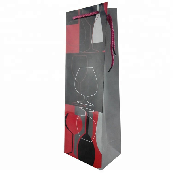 Personalized Eco Friendly Champagne Single Bottle Wine Gift Carrier Paper Bag with Sliver Foil Glitter Manufacturers, Factory