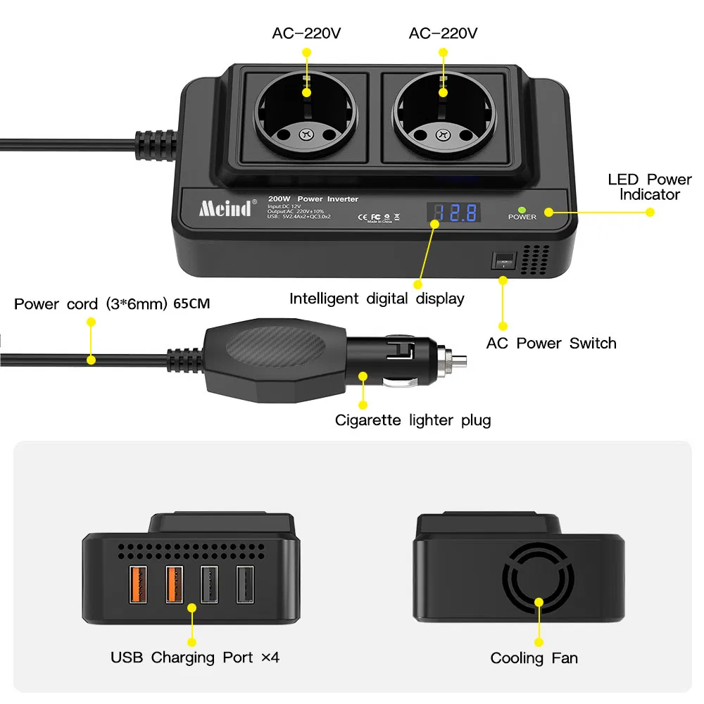 Portable Solar Power Inverter 200W Universal DC to AC Inverter Socket Converter