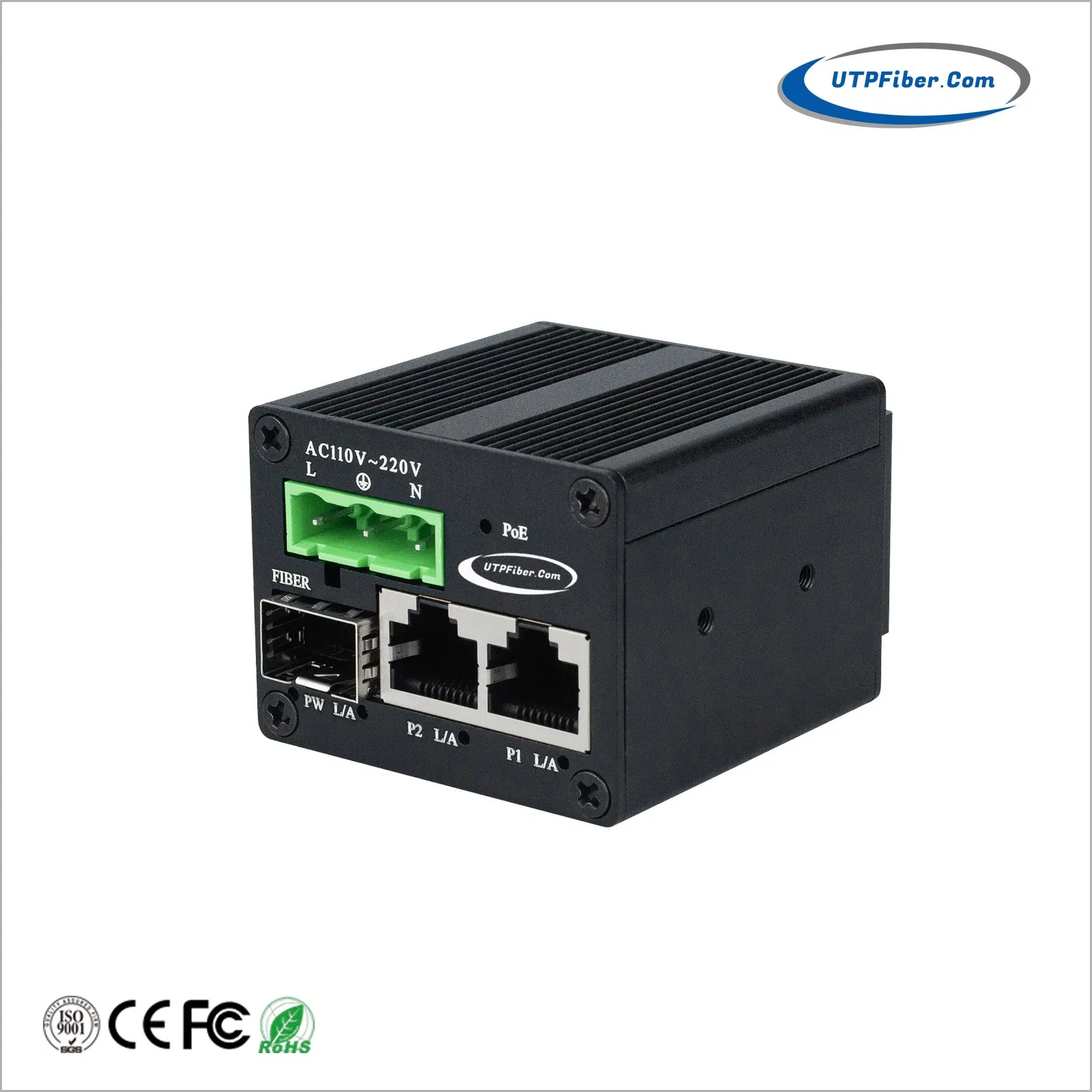 Mini Industrial 2-Port 10/100/1000t 802.3at Poe + 1-Port 100/1000X SFP Gigabit Media Converter with 85-250VAC Power Input, AC Powered Poe Media Converter