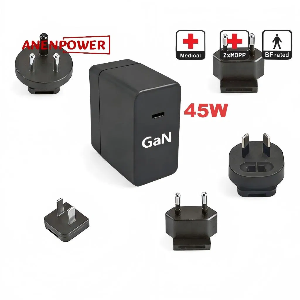 GaN Medical Power Adapter 45W USB-C Pd - IEC/En 60601 Certified, Detachable Plugs