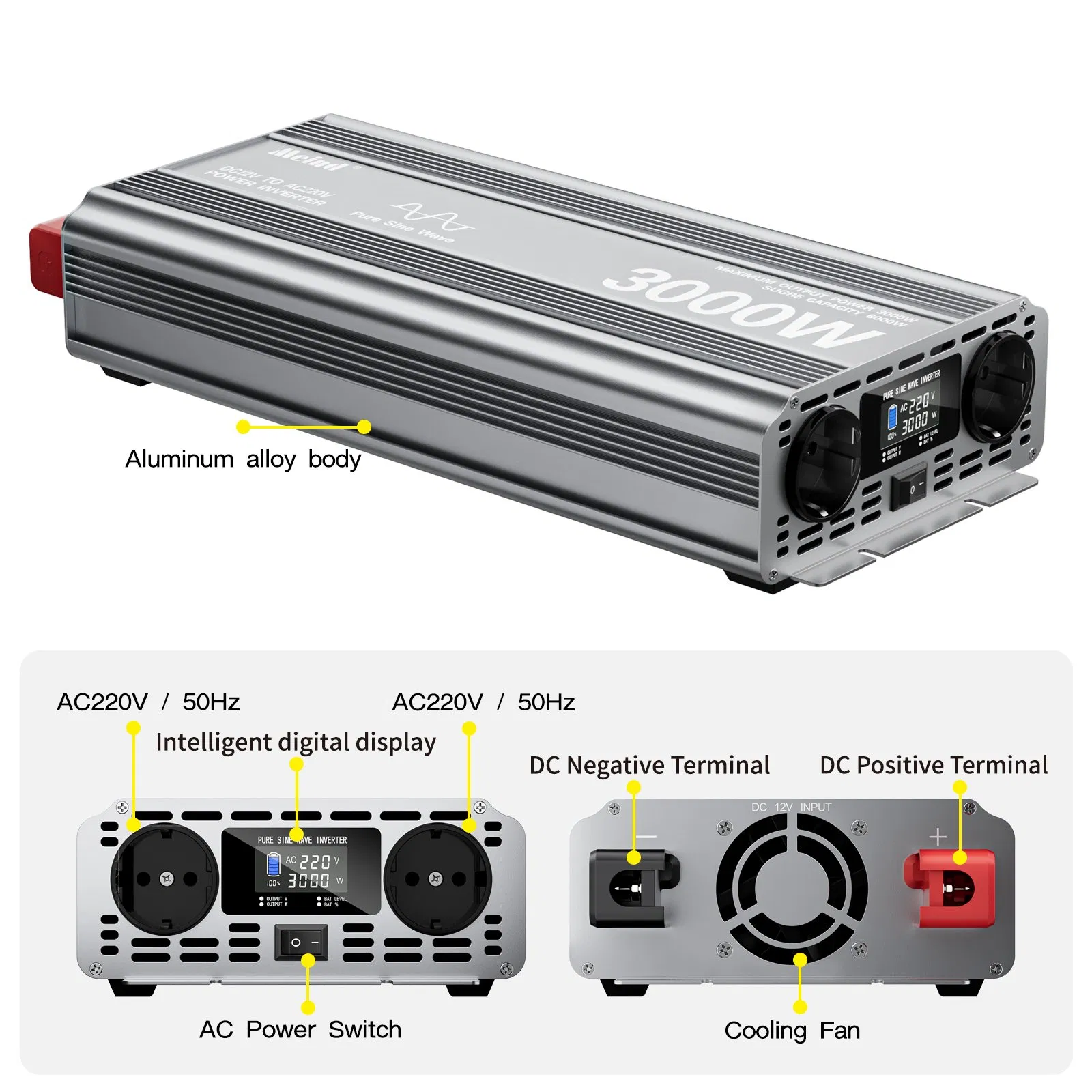 DC 12V to AC 220V 3000W Power Inverter Pure Sine Wave Converter with LCD Display Home Inversor