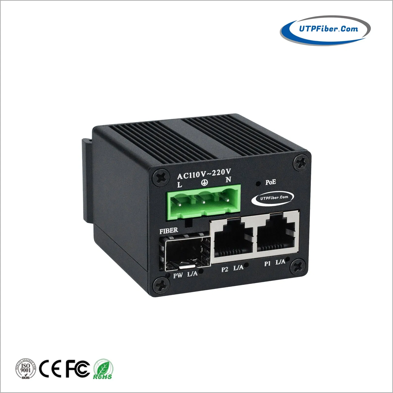 Mini Industrial 2-Port 10/100/1000t 802.3at Poe + 1-Port 100/1000X SFP Gigabit Media Converter with 85-250VAC Power Input, AC Powered Poe Media Converter