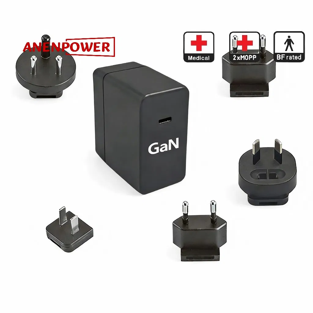 GaN Medical Power Adapter 45W USB-C Pd - IEC/En 60601 Certified, Detachable Plugs