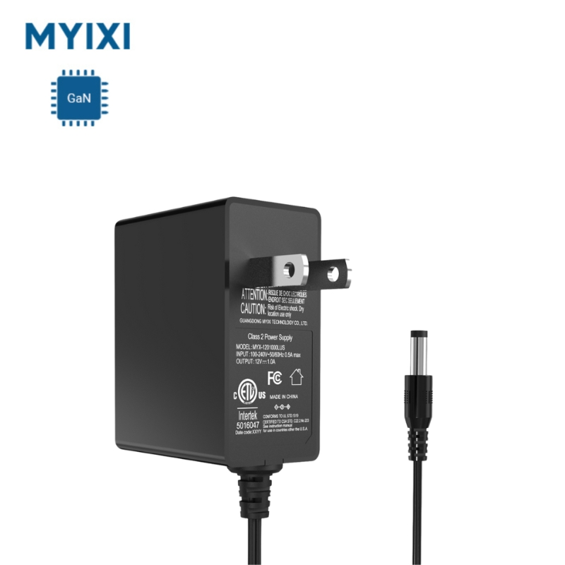 Myixi New GaN 12V 1A Power Adapter Class 2 AC DC Power Adaptor 12W CE RoHS ETL Custom OEM Factory Company Manufacturer Universal Power Supply