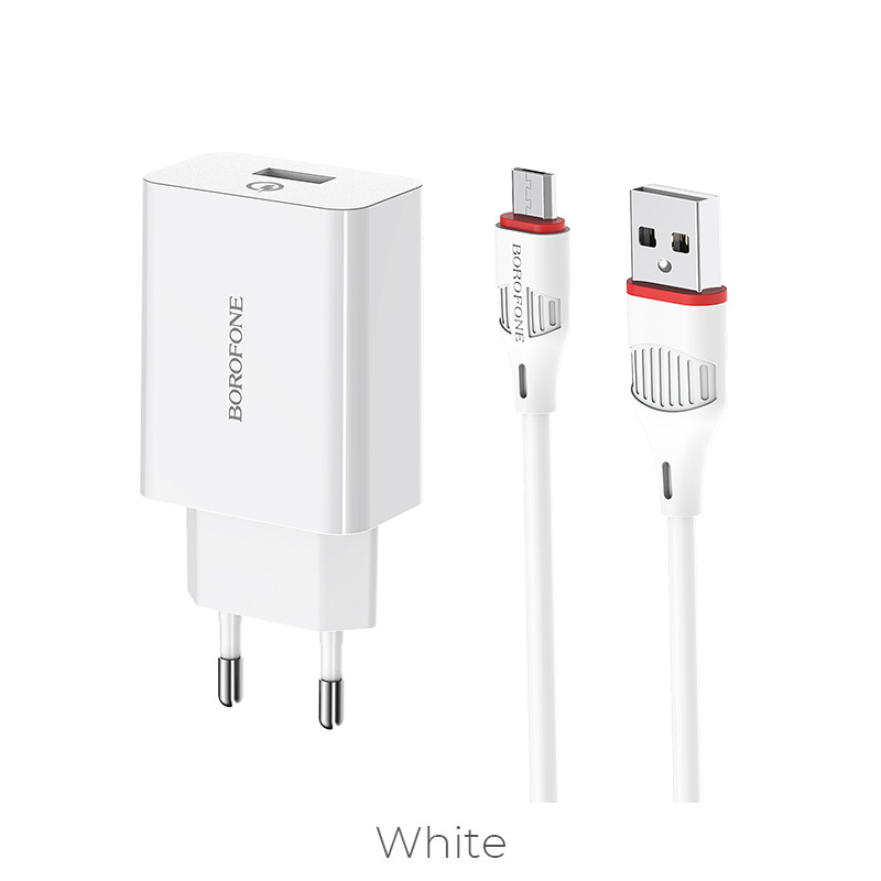 EU Plug Borofone Ba21A QC3.0 Long Journey 18W Single Port Charger Power Adapter Set with USB-C / Type-C/Micro Charging Cable