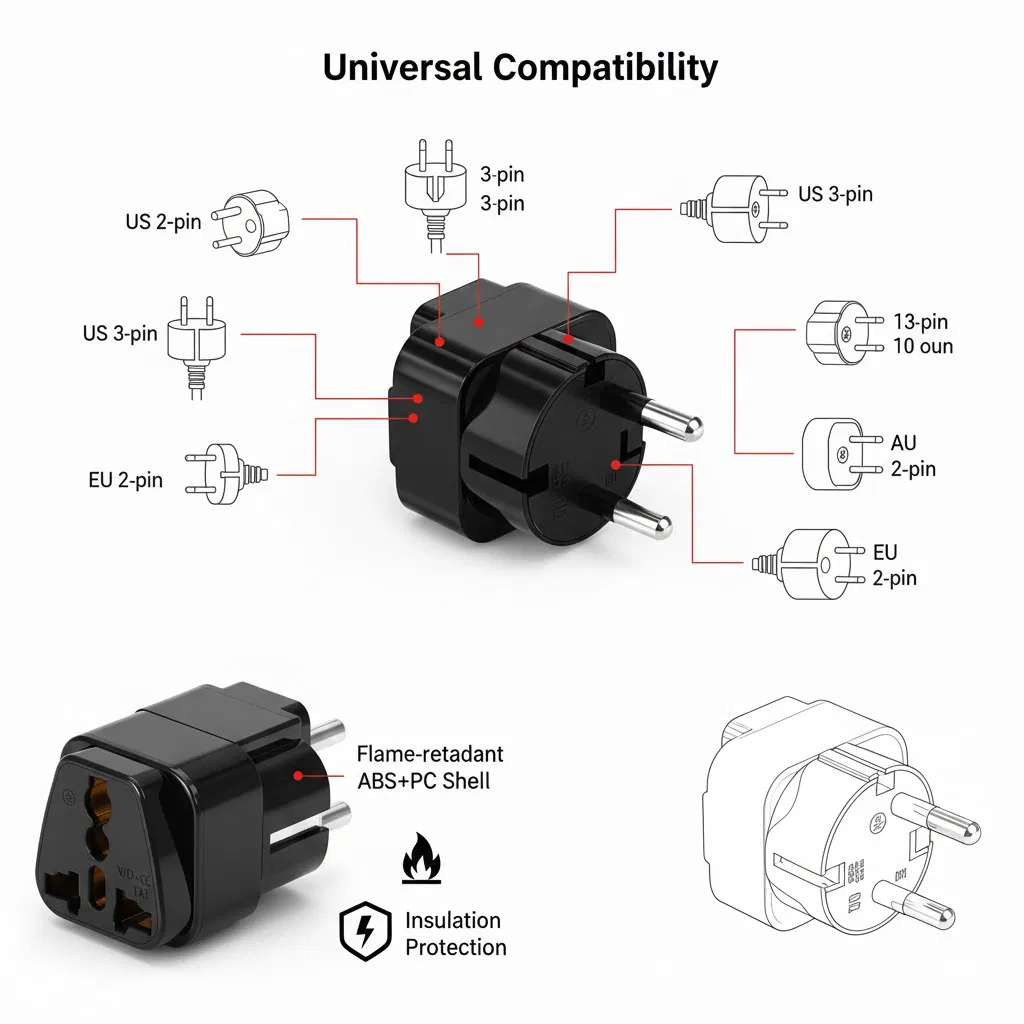 Fire Retardant PC Material Universal to EU Plug Adapter, High Quality Grounded German Travel Wall Socket Converter