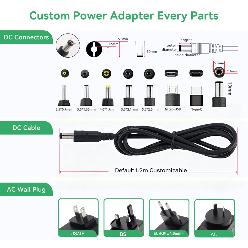 China Supplier AC 100-240V DC Power Adapter Supply 5V 6V 9V 12V 15V 24V 36V 0.5A 800mA 1A 1.5A 2A 2.5A 3A 4A 5A 6A 7A AC DC Adapter 12V Power Adapter 12-24 V