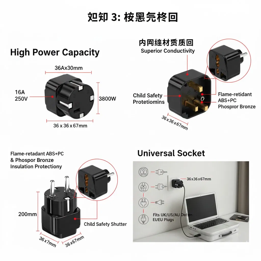 Fire Retardant PC Material Universal to EU Plug Adapter, High Quality Grounded German Travel Wall Socket Converter