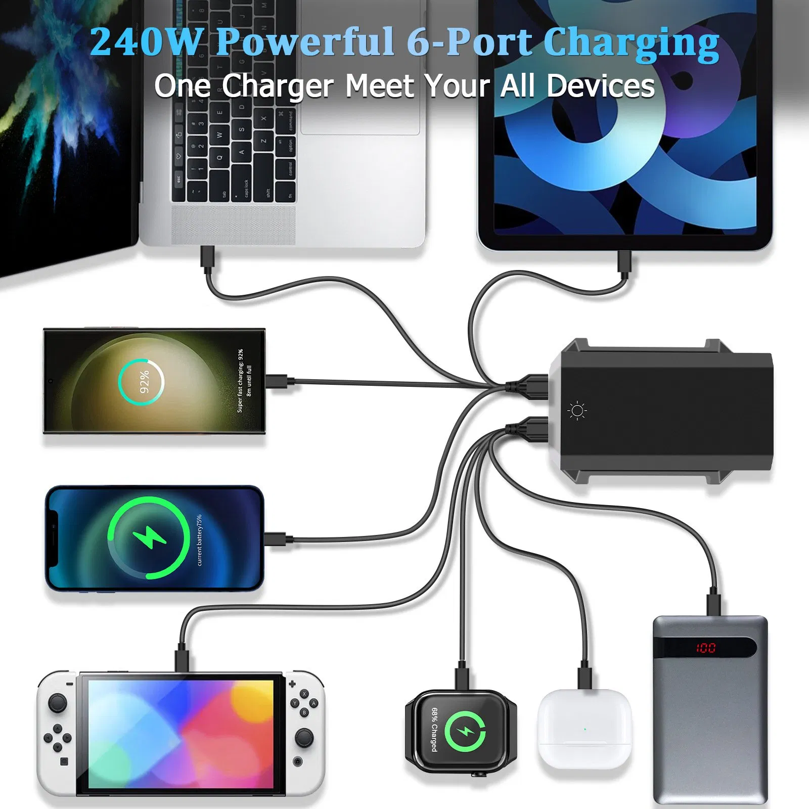 Hhw 240W GaN USB-C 6-Port Charger Station Pd Power Adapter with Color Display for Phone / Laptop / Earphones - Black / Us Plug