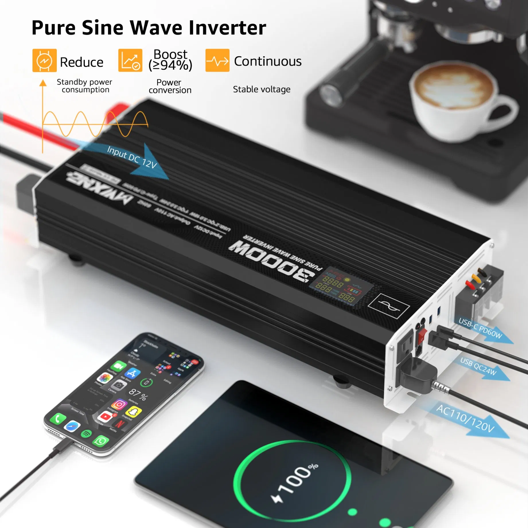 3000W Power Inverter 12V DC to 110V AC Converter for Home