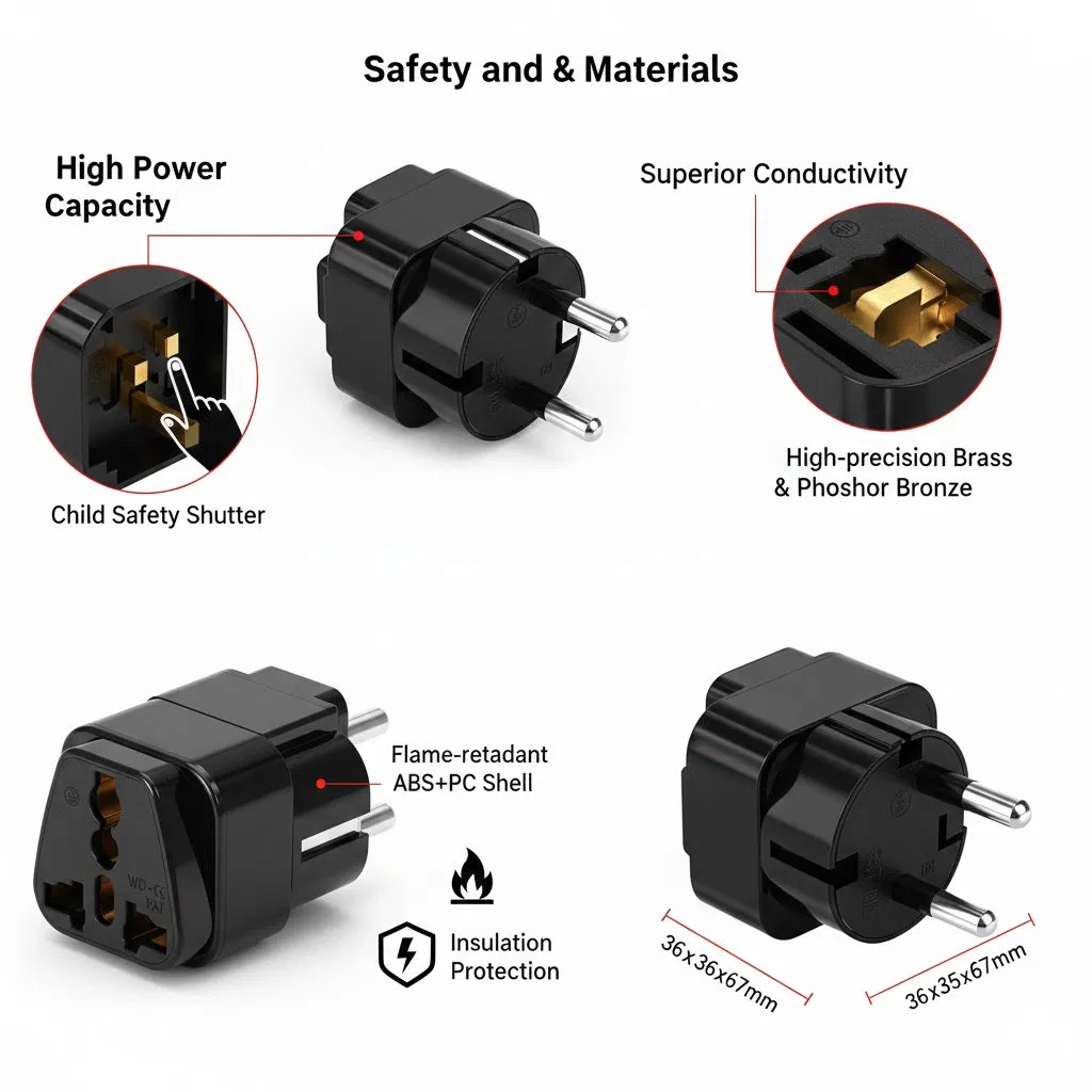 Fire Retardant PC Material Universal to EU Plug Adapter, High Quality Grounded German Travel Wall Socket Converter