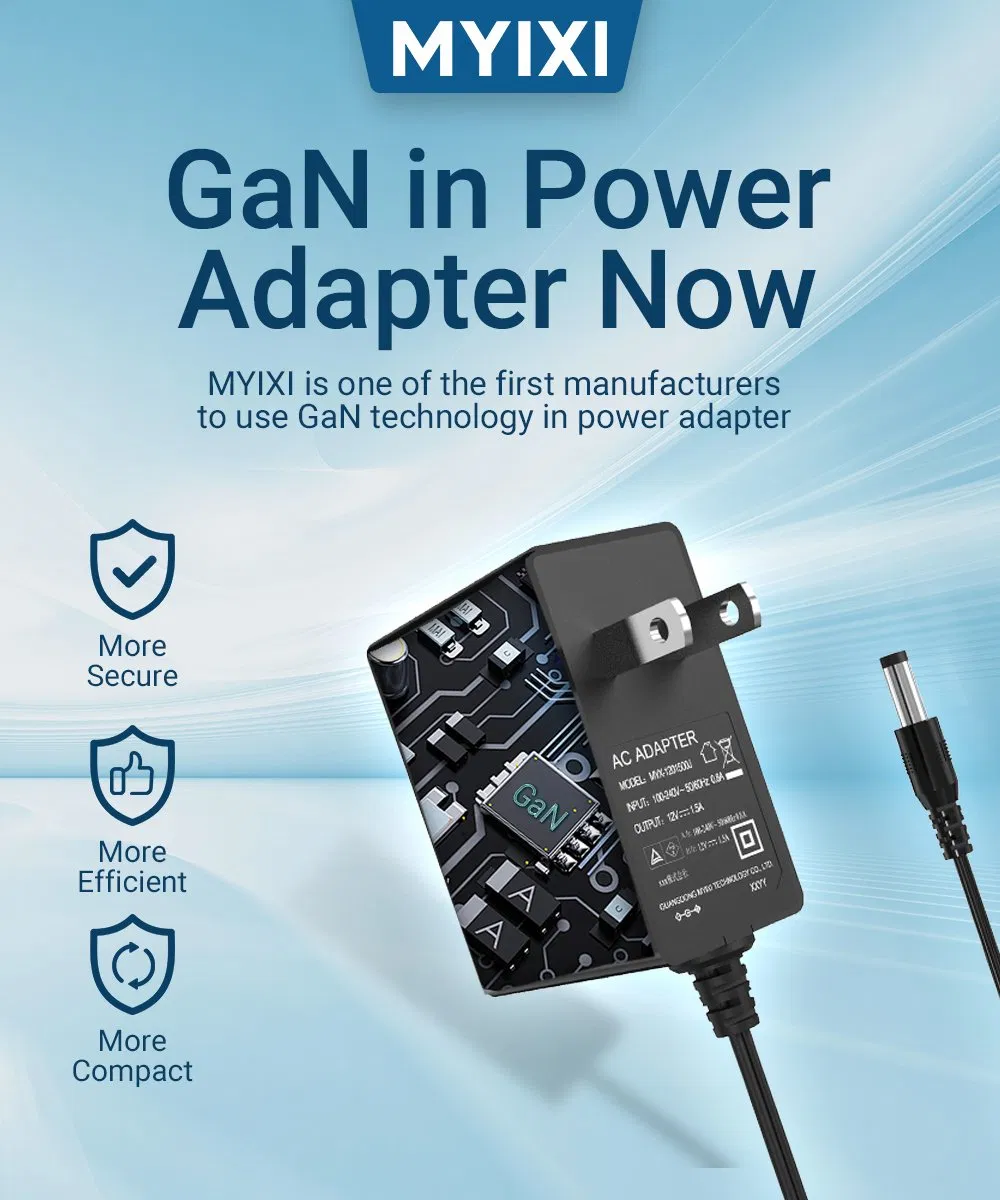 Myixi New GaN 12V 1A Power Adapter Class 2 AC DC Power Adaptor 12W CE RoHS ETL Custom OEM Factory Company Manufacturer Universal Power Supply