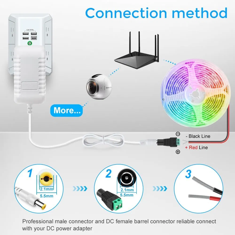 12 Volt 2A 24W DC Power Supply, White Switching LED Power Adapter, AC 110V to 12V Wall Mounted Transformer Plug for LED Strip Lights with 5.5/2.1 DC Female Jack