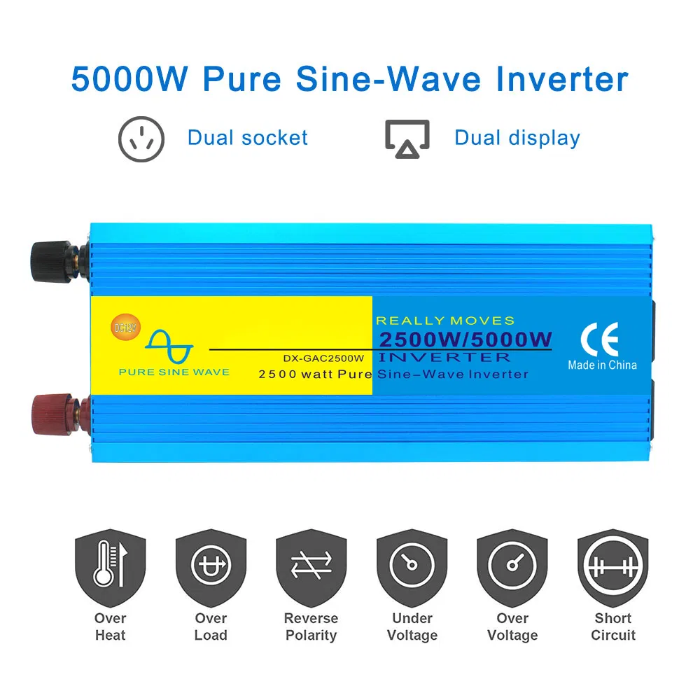 Voltage Converters 2500W 2.5kw 5000W DC 12V to AC 220V Pure Sine Wave Power Inverter for Universal Sockets