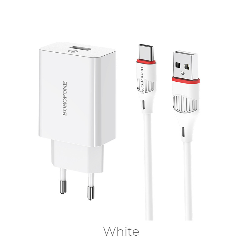 EU Plug Borofone Ba21A QC3.0 Long Journey 18W Single Port Charger Power Adapter Set with USB-C / Type-C/Micro Charging Cable
