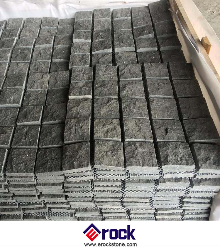 Natural Split Dark Grey Granite Cobblestone Mesh Paver for Walkway and Driveway Paving Stone