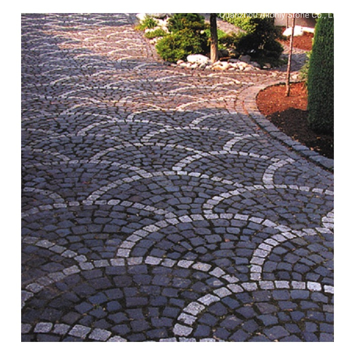 Black Basalt Driveway Paver Stone Fan Shape Cobblestone for Garden Pavement Tiles