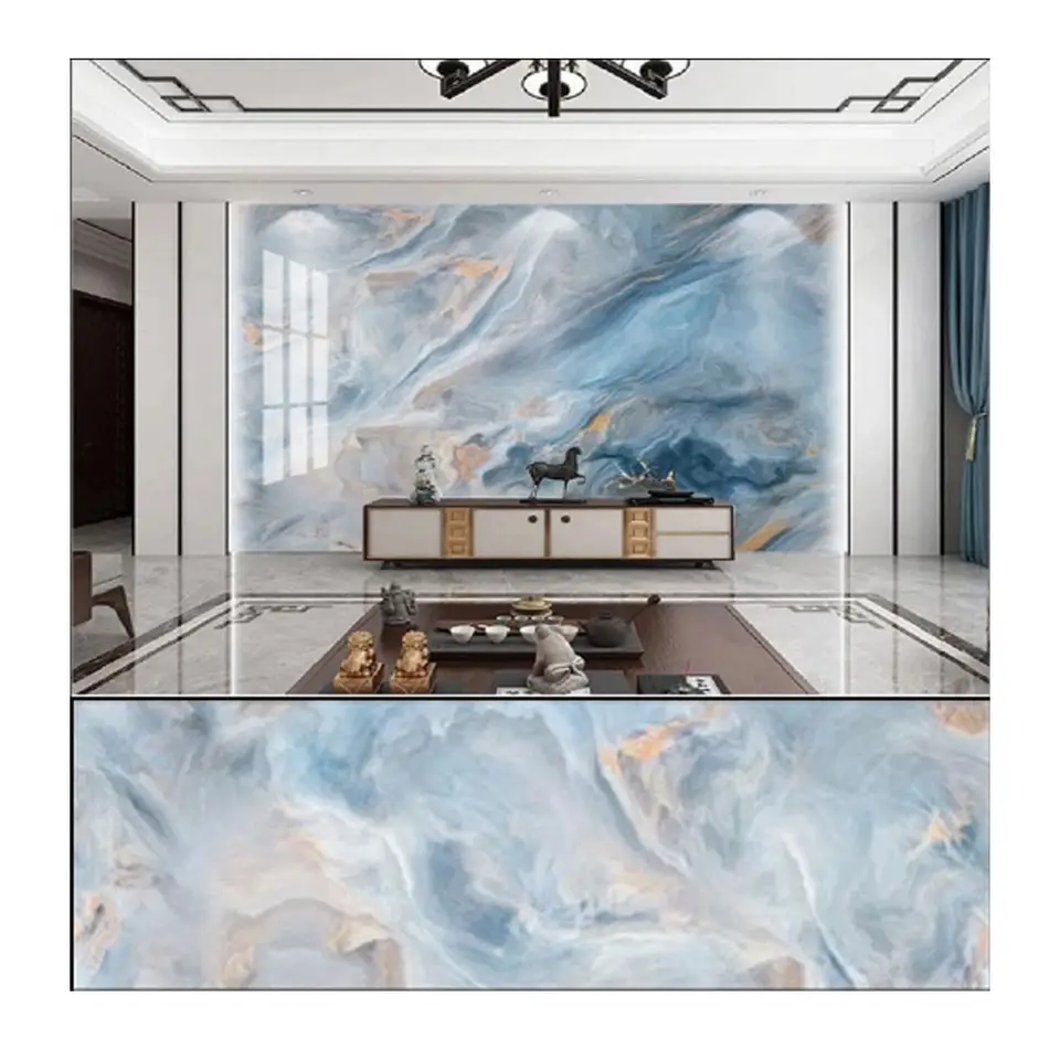 Interior Decorative High Glossy 3D Print PVC UV Marble Sheet Carbon Slate Marble Wall