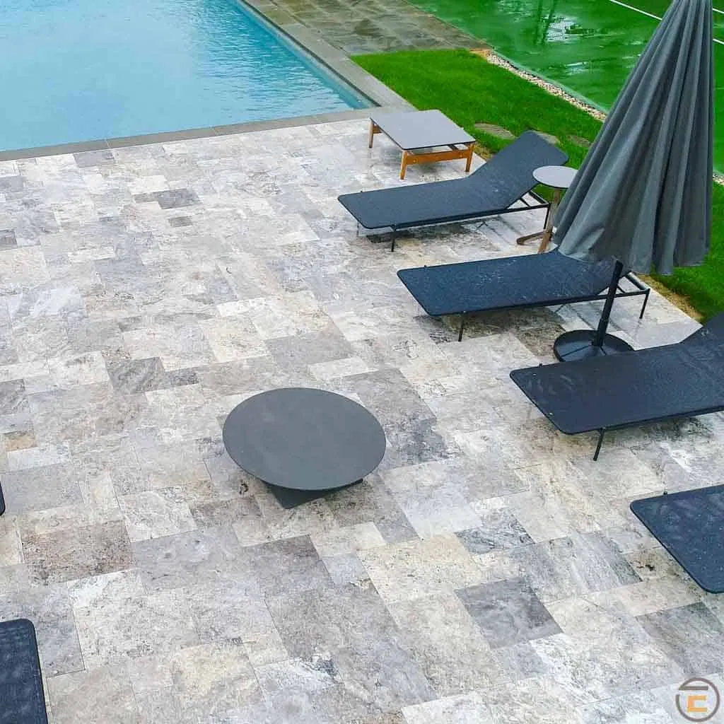 Antique Tumbled Surface Anti-Slip Design Silver Travertine Pool Decking Paver Tile and Coping