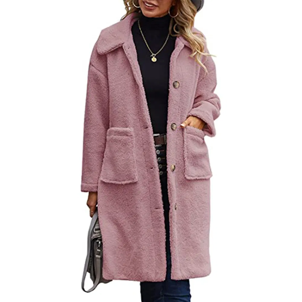 Factory Mamnufacturer Women's Fashion Winter Coats Fuzzy Fleece Long Hooded Jackets Button Down Faux Fur Warm Outerwear