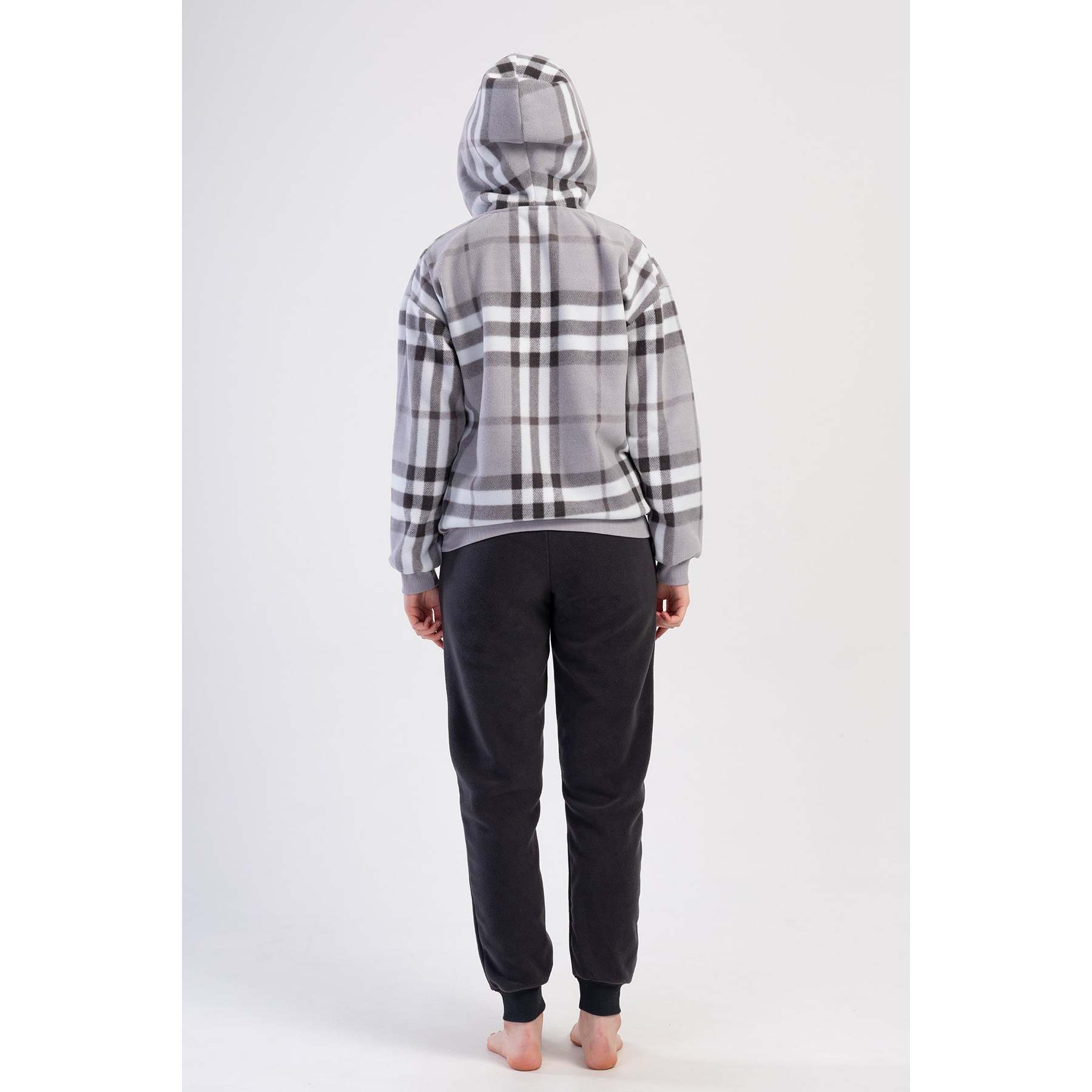 Women's Long-Sleeve Fleece Hooded Pajama Set Zip-Up with Kangaroo Pockets Cuffs Dropped-Shoulder Design for Comfort Sleepwear