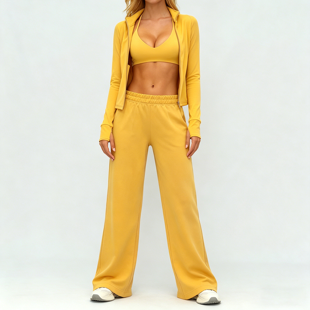 Women's Solid 3-Piece Breathable High Waist Tracksuit Full-Zip Jacket Sports Bra Wide-Leg Pants Set Casual Workout Loungewear