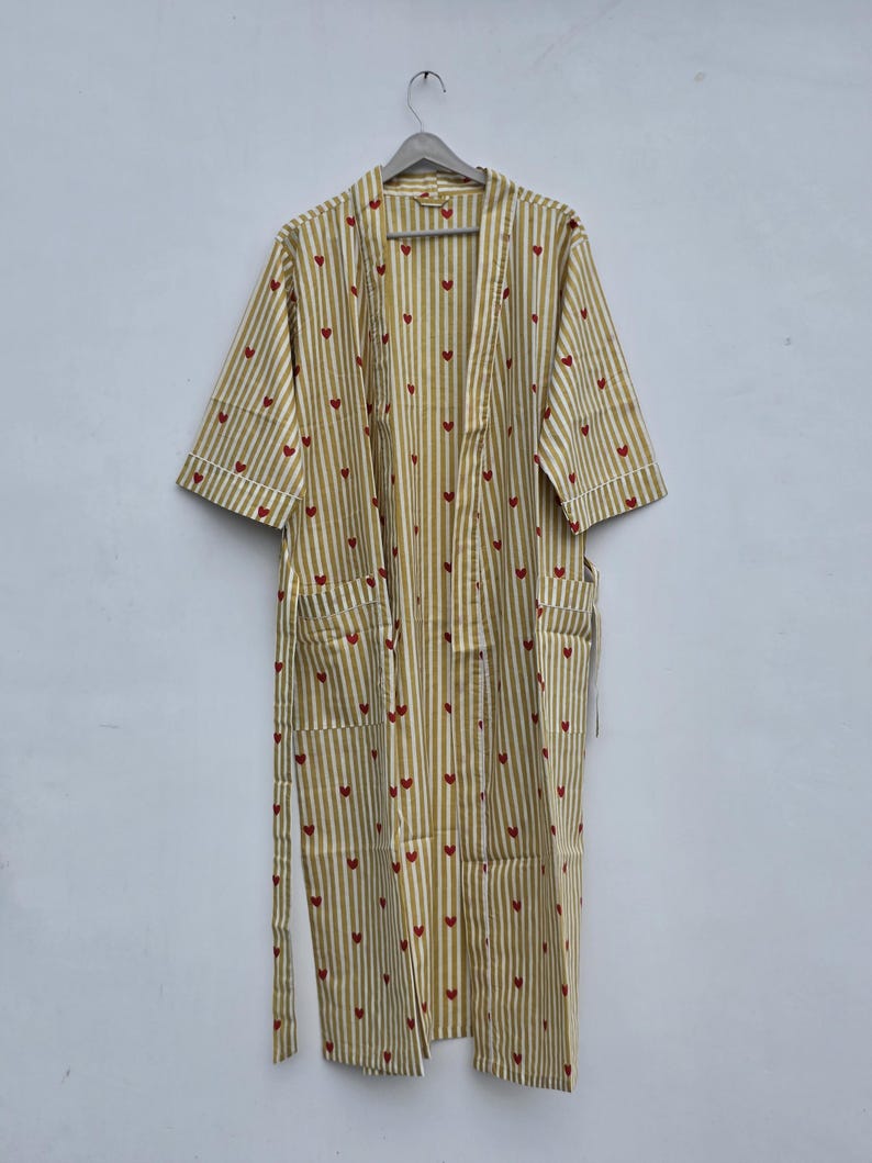 Block Print Handmade 100% Cotton Romantic Spring/Summer V-neck Full Length Kimono Robe Soft Quick Dry Beach Loungewear Women One