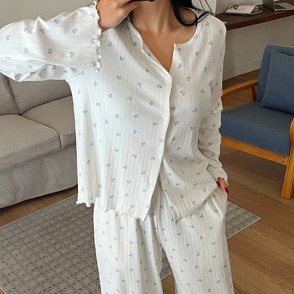 Custom Long Sleeve PJ Cotton Pyjamas Bow Print Sleepwear Causal Modal Bamboo Pajamas Loungewear Women Sets
