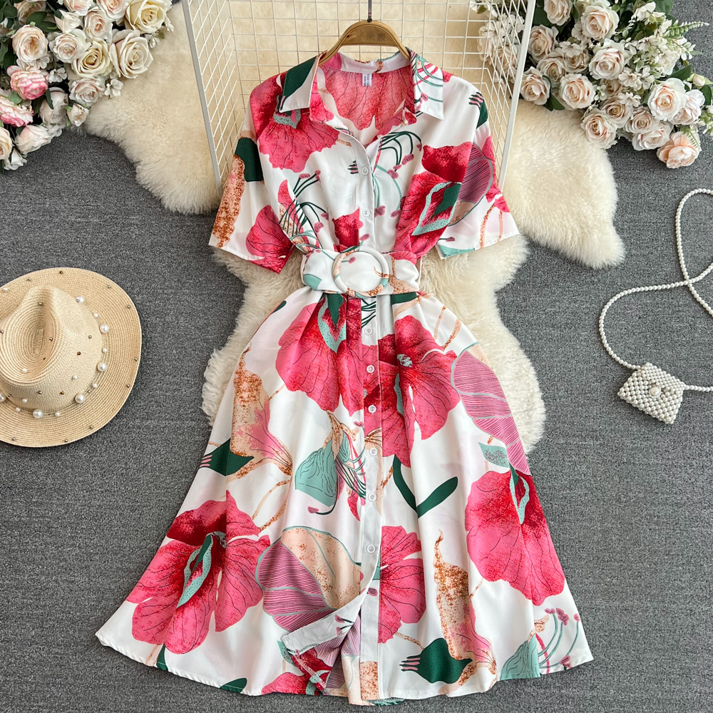 Summer Korean High-Grade Light Luxury Premium Short Sleeve Lapel and Waist Tight Slimming Single-Breasted Printed Casual Dress