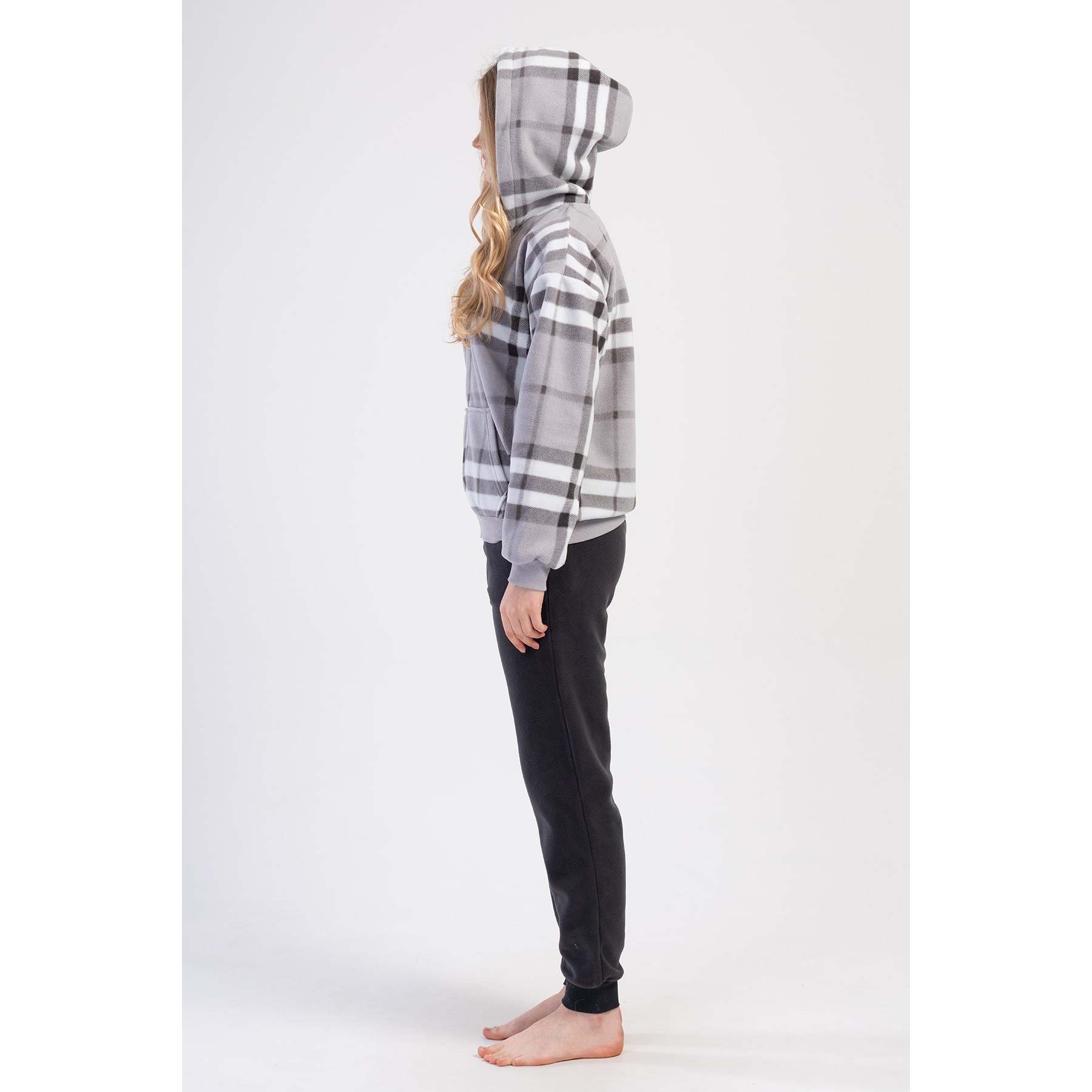 Women's Long-Sleeve Fleece Hooded Pajama Set Zip-Up with Kangaroo Pockets Cuffs Dropped-Shoulder Design for Comfort Sleepwear