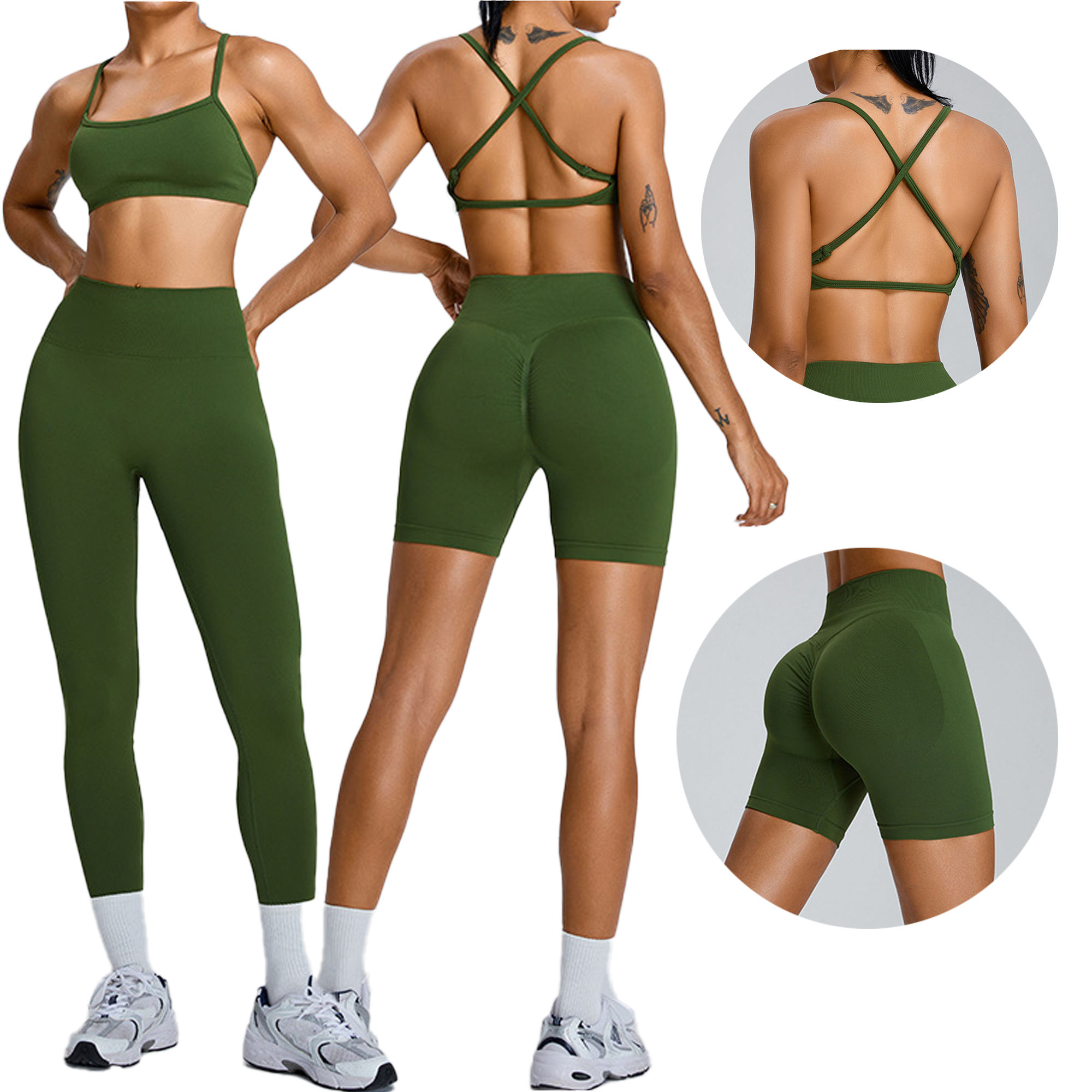 Wholesale Quick Dry 100% Polyester Active Wear 3 Pcs Yoga Sport Sets Women Workout Outfit Fitness Apparel Front Logo Skinny Fit