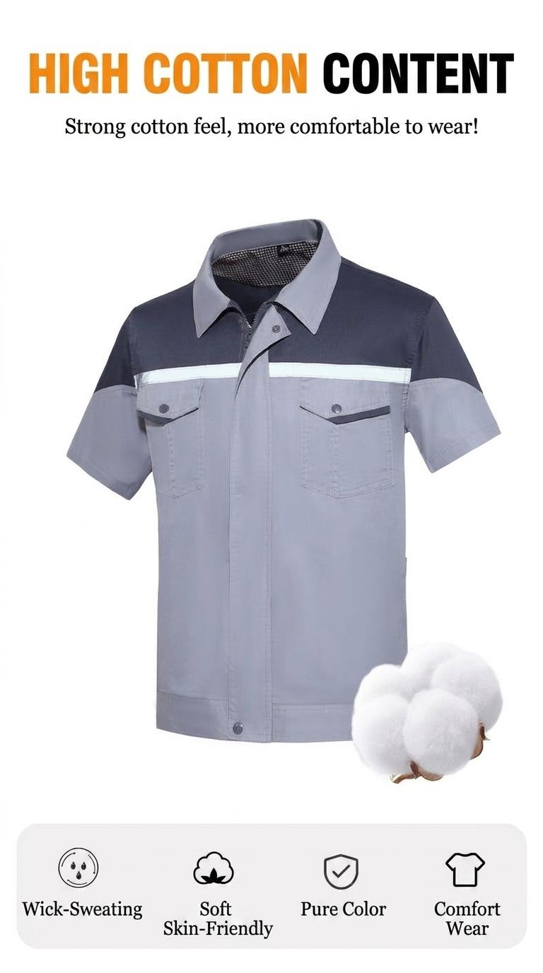 Custom Logo Men's Short Sleeve Workwear Shirt Durable CVC 60/40 Work Uniform Breathable Contrast Mechanical Shirt